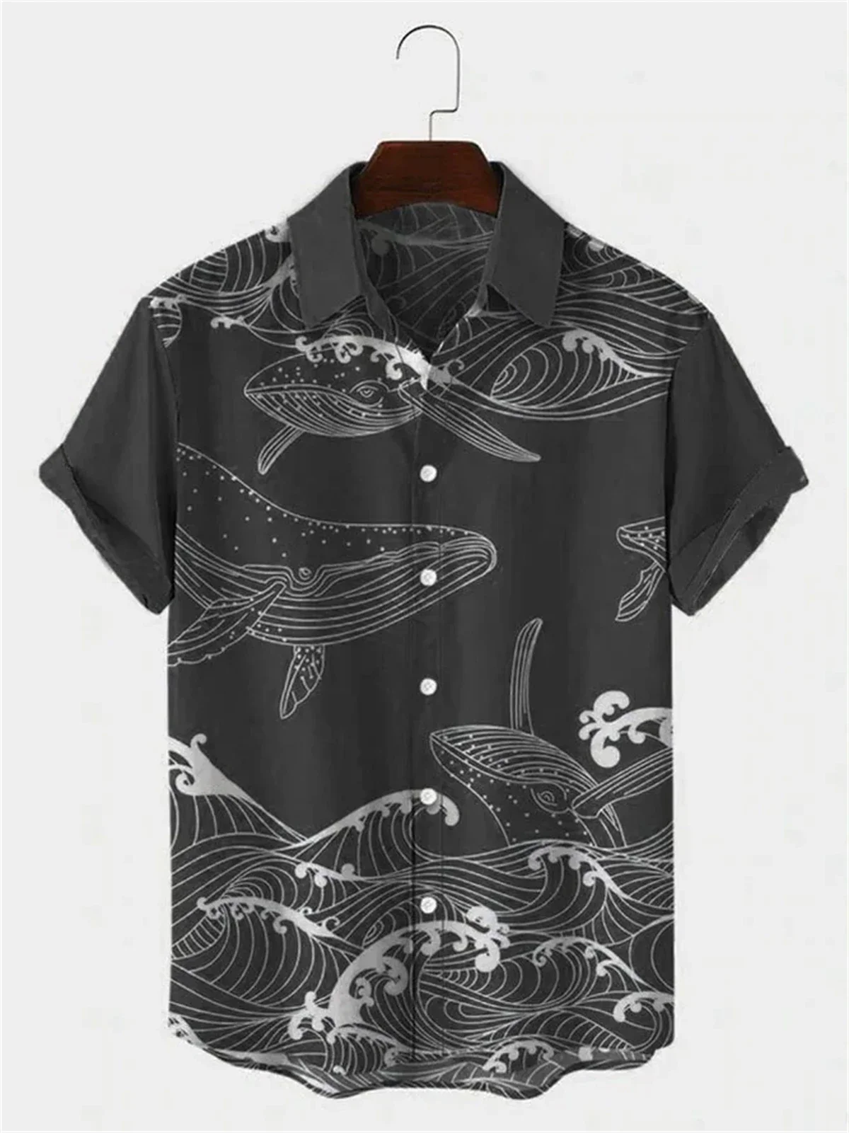 

Hawaiian Men's Short Sleeve Shirt Whale Spray Print Beach Fashion Men's Lapel Top 2024 New Large Size Casual Men's Shirt