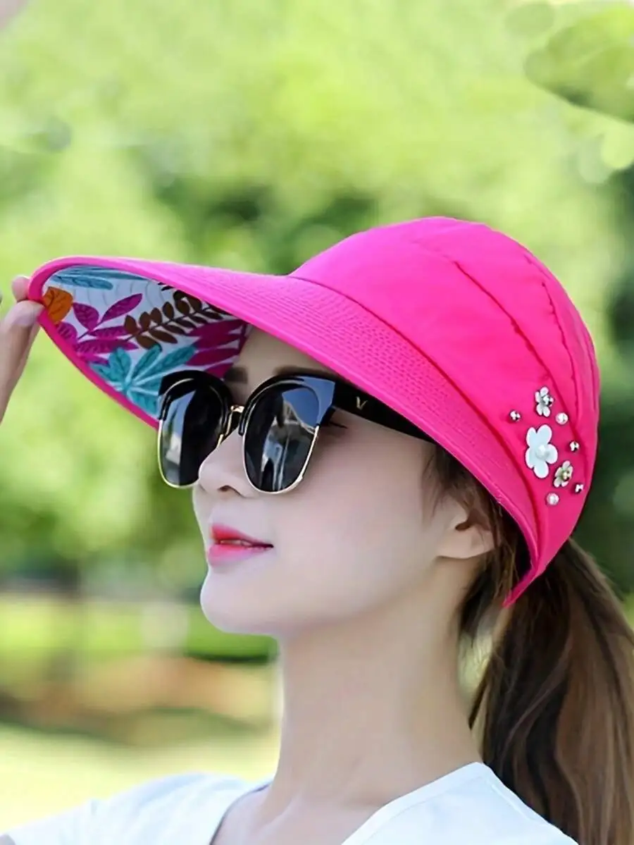 

Womens Summer Foldable Sun Hat With Floral Pattern And Pearl Decoration