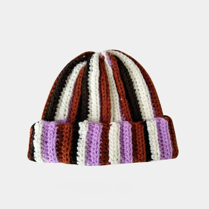 الكورية اللون عمودي مخطط سدادات حماية الأذن الدافئة الرجعية محبوك قبعة الرجال والنساء الشتاء كبير رئيس التزلج الجمجمة قبعة قبعات #5