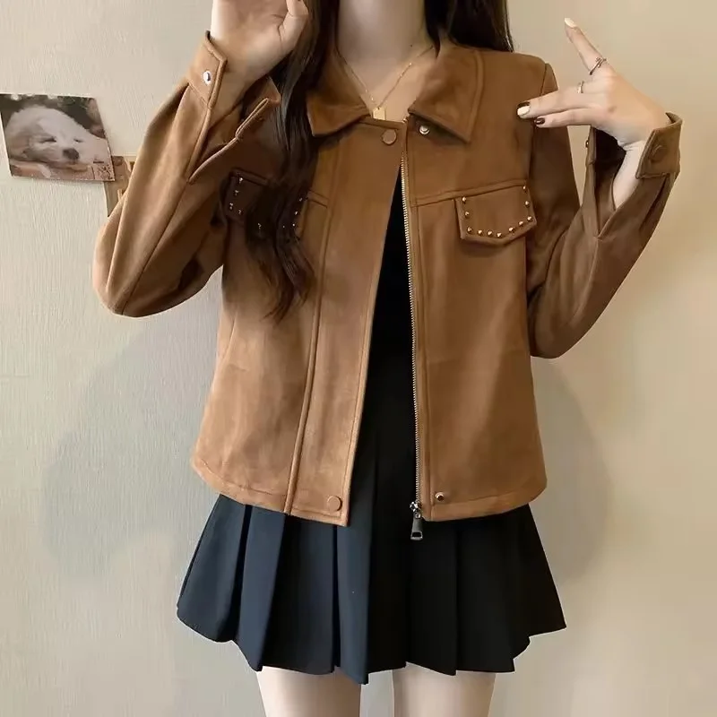 

Женская повседневная короткая куртка с длинными рукавами, весенняя модная куртка из искусственной замши, осенняя женская верхняя одежда премиум-класса с пэчворком