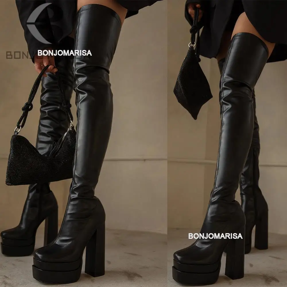 Bonjomarisa Women Thigh High Boots Double Platform Block High Heels Over The Knee Boots Zip Sexy Long Shoes Boots For Woman