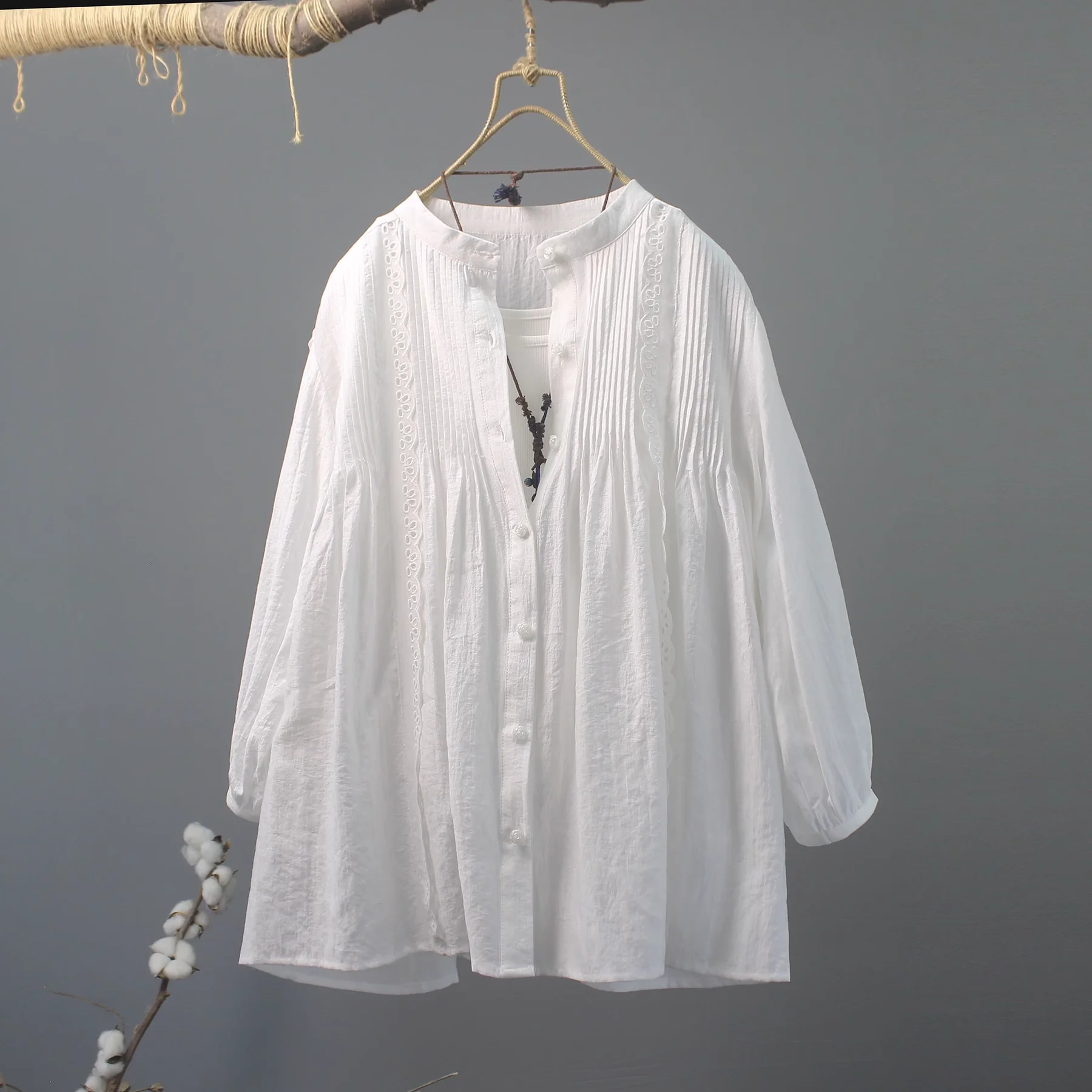 

Elegant women shirts 2025 Korean fashion pure octton stand collar white black pleated shirts and blouses lady clothes