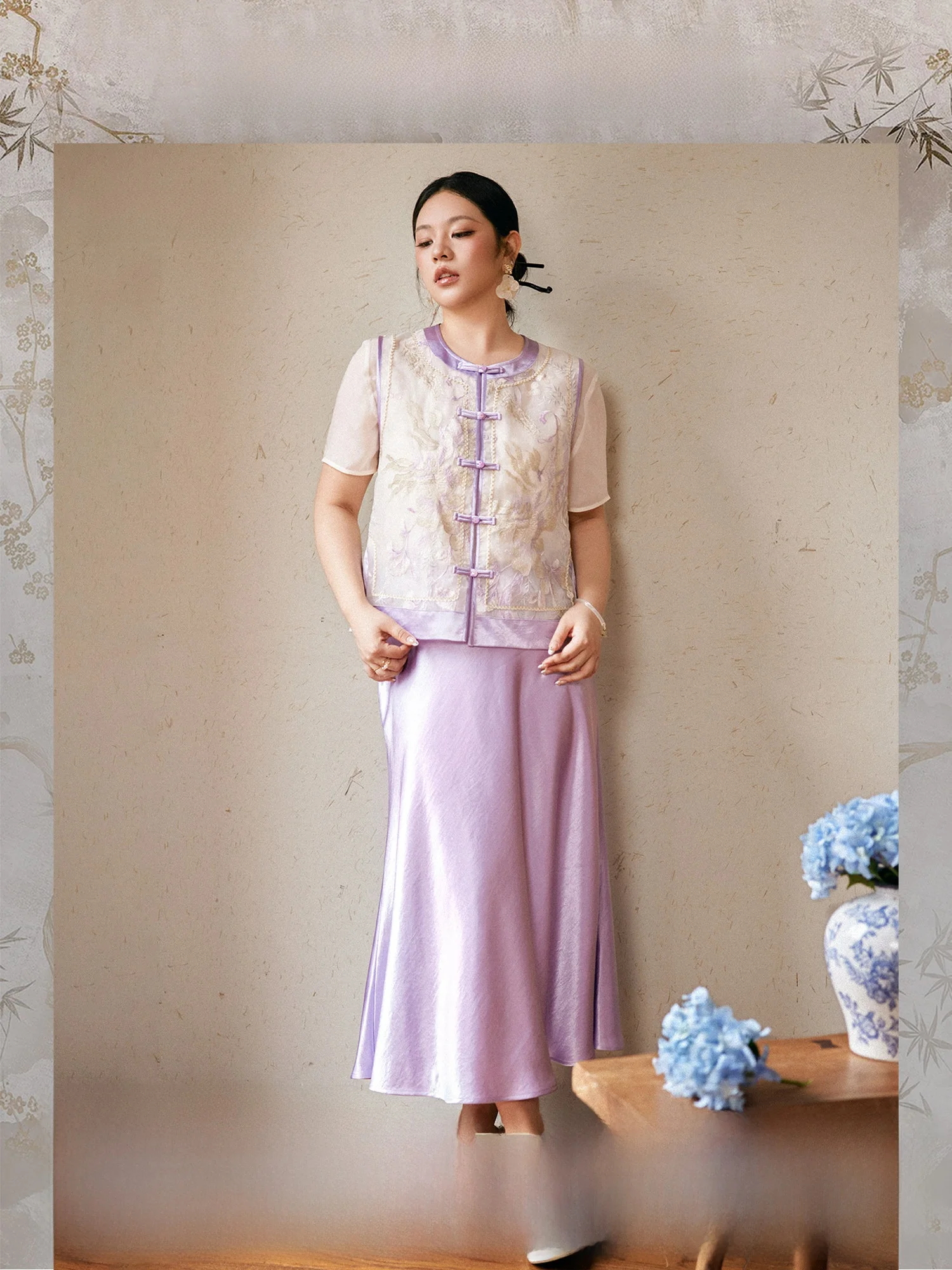 

PLUSMALL, новый летний китайский Sle, национальный тренд, шифоновая атласная шифоновая атласная внутренняя юбка-зонтик с вышивкой снежинок, женский комплект