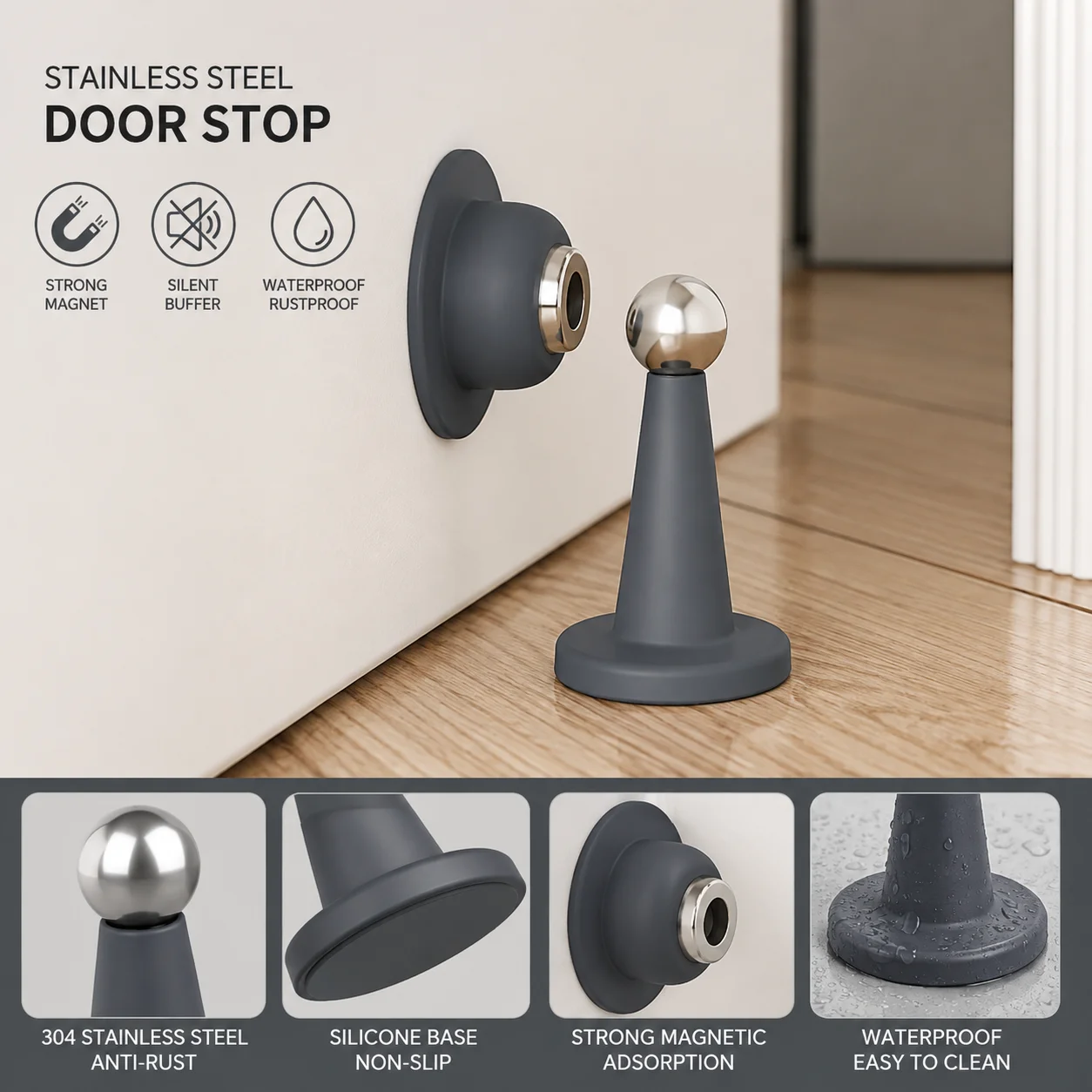 304 Stainless Steel Magnetic Door Stop No Drill Adhesive Door Holder Silicone Anti-Collision Wall Floor Mount Door Catch