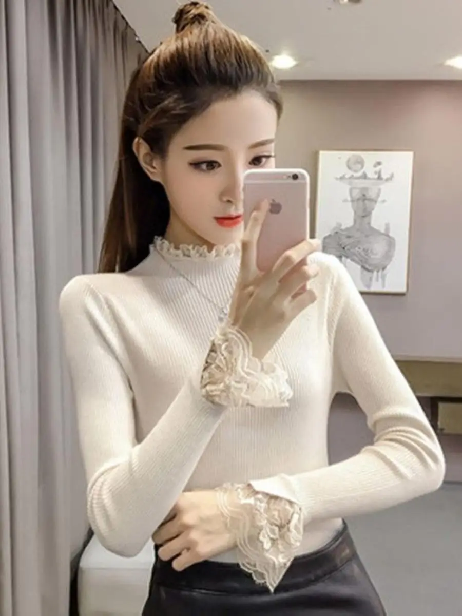 Plus Size Lace Base irt Damen Strickpullover Korean Sle Slim Fit Overhead Ort Sle Vielseitige Tight Fit Innenbekleidung