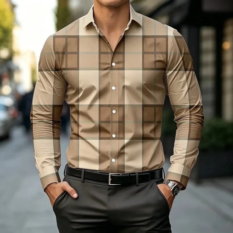 Men3DPrinted plaid shirt for commuting and casual wear, lightweight