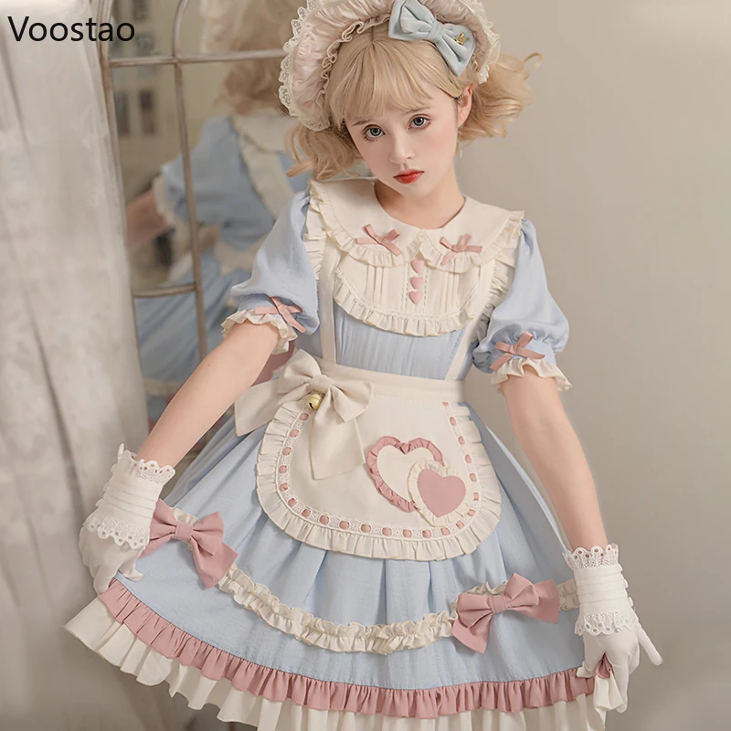 Kawaii lolita op kleid frauen süße peter pfanne kragen bogen rüschen schürze prinzessin kleid mädchen harajuku süße spitze tee party kleider