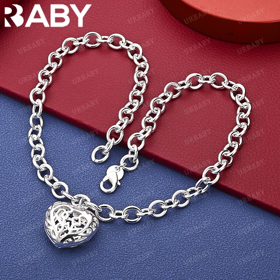 

URBABY 925 Sterling Silver Hollow Heart Chain Necklace Fashion Jewelry Romantic Engagement Wedding Anniversary Gift