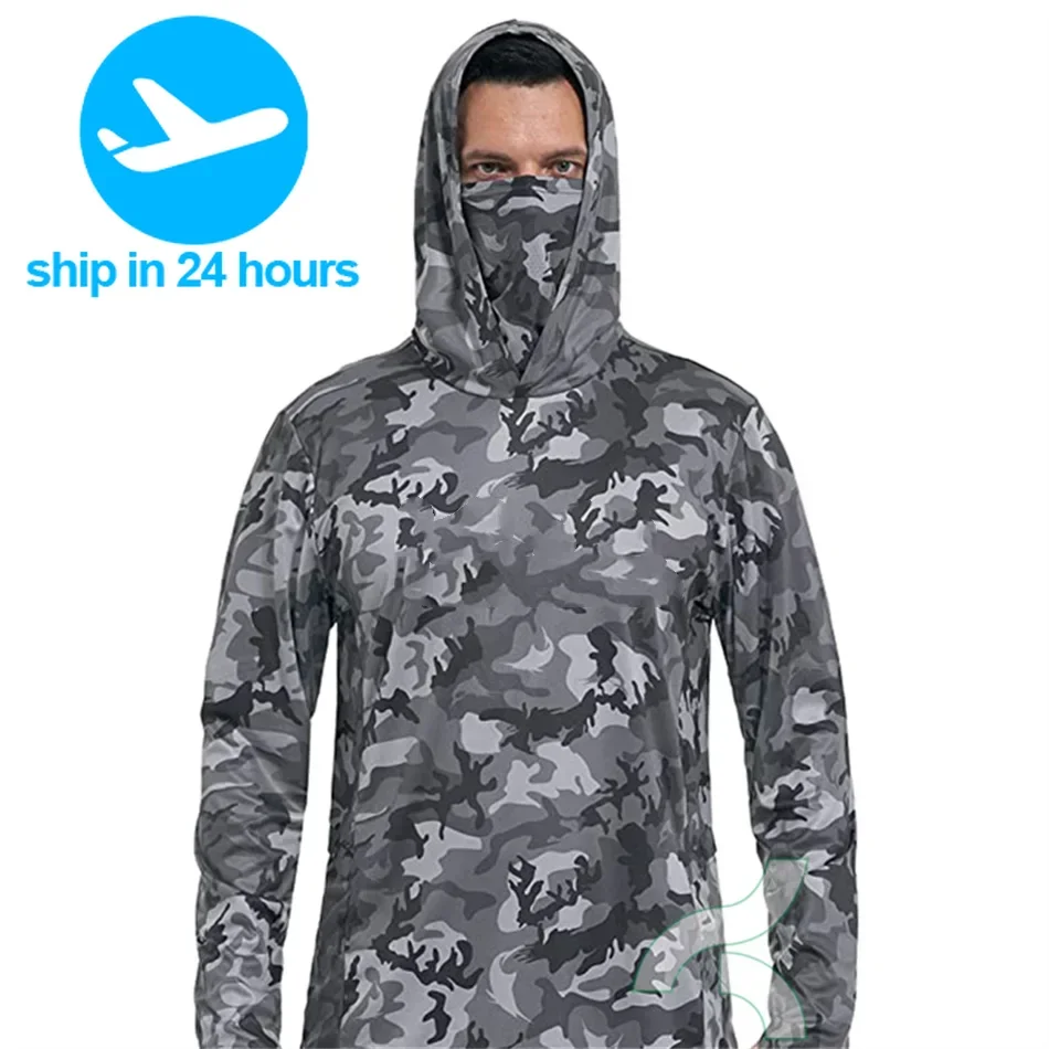 New Camouflage Fishing Shirts With Sun Protection Long Sleeve Hooded Face Cover Quick Dry Tops Fishing Face Mask Clothes Upf 50+