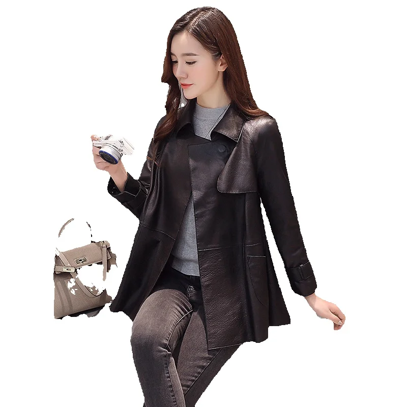 

Spring New Sheepskin Women's Genuine Leather Coat With Raglan Sleeves Short Korean Flip Collar Casual Coat