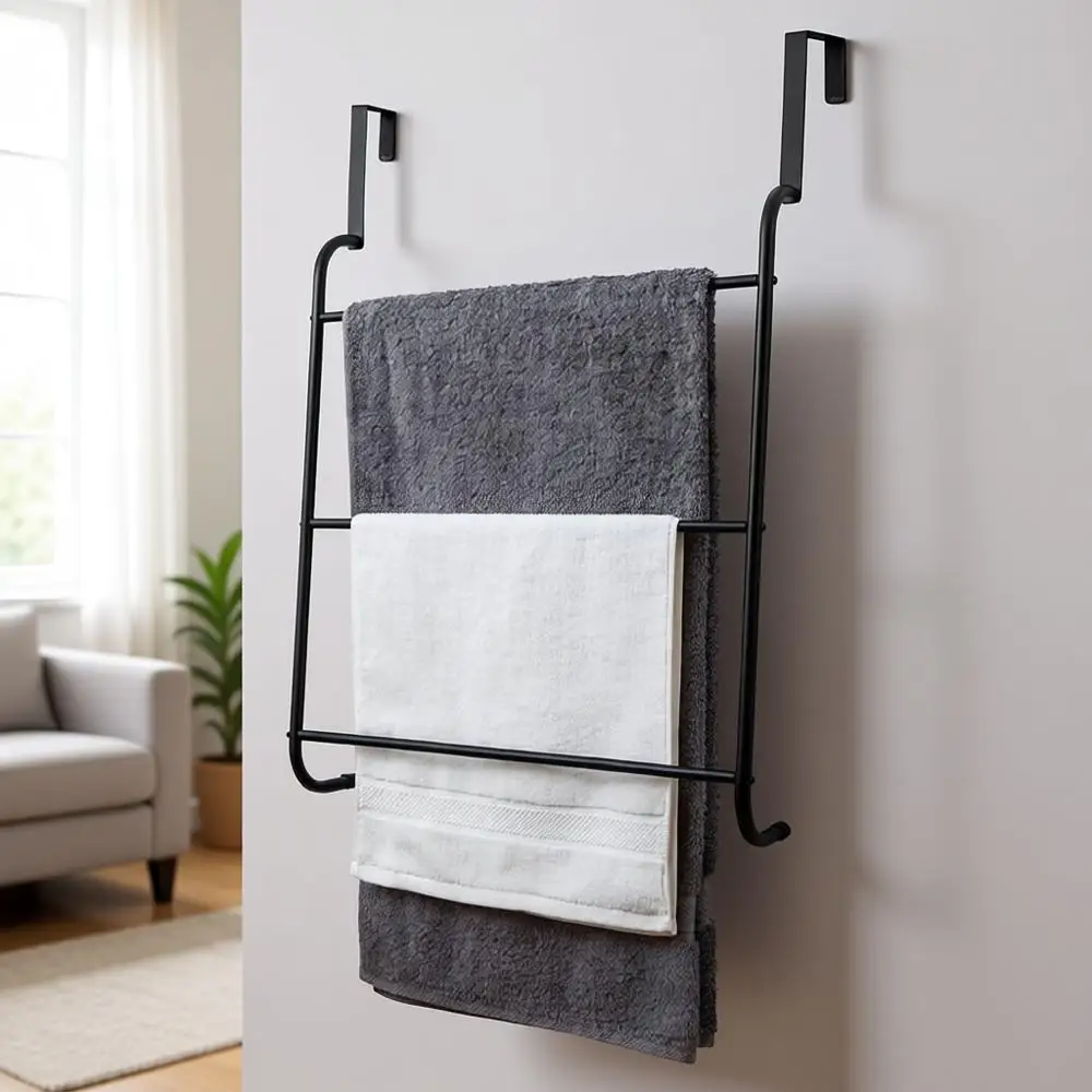 

3-Tier Matte Black Over-the-Door Towel Rack - Triple Bar Holder for Space-Saving Bathroom and Laundry Room