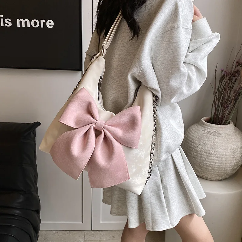 Fashion Ins Style Sweet Girls Big Bow Shoulder Bag Large Capacity Kawaii Soft PU Chic Backpack Purse Handbags for Women Bags