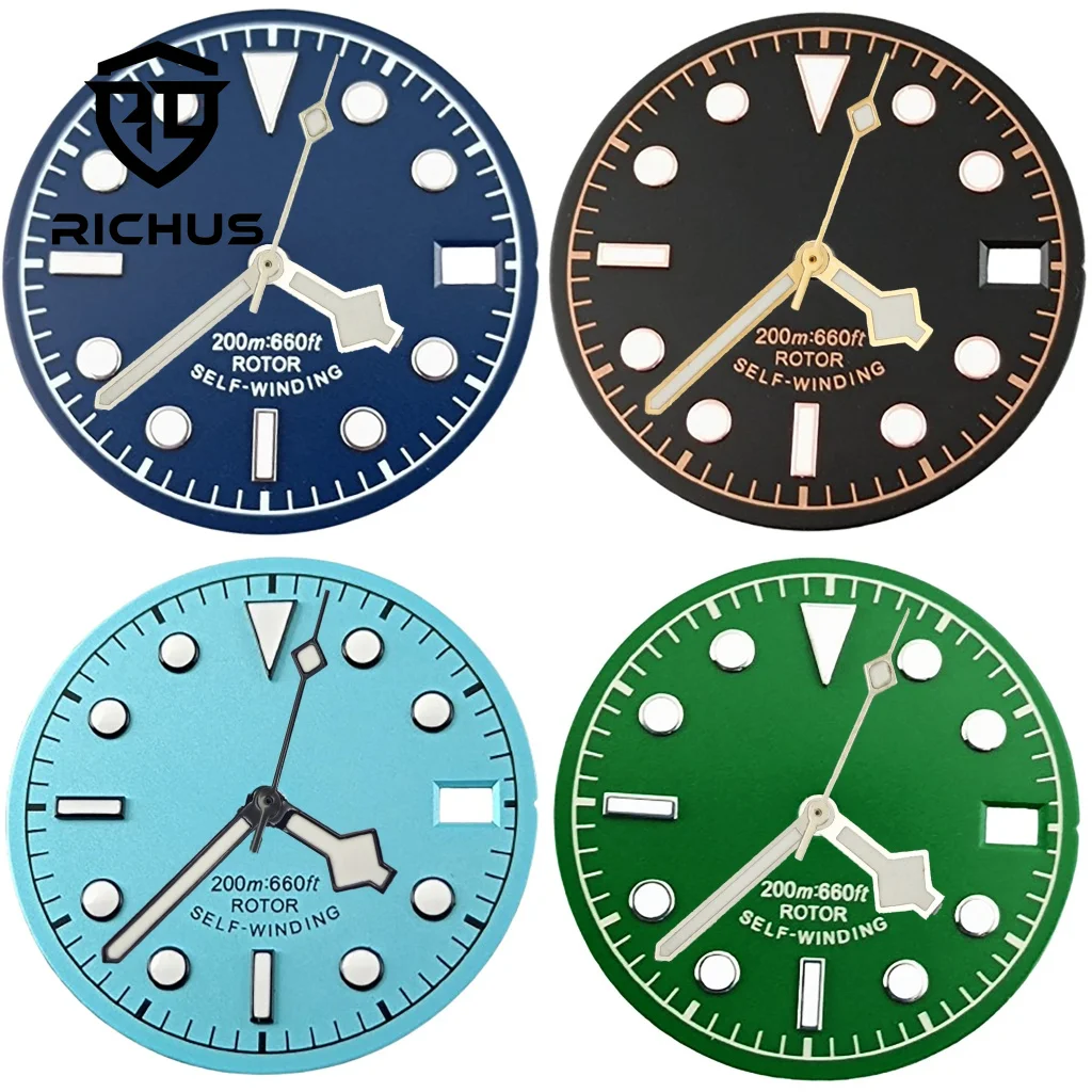 

Циферблат часов RICHUS 28,5 мм со стрелками, зеленый светящийся цвет, подходит для NH34 NH35 NH36, аксессуары для часов с механизмом