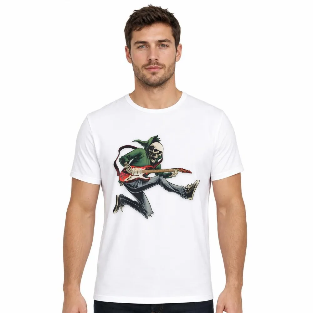 Graphic Tee Men Skeleton Electric Guitar Rock Punk Music Breathable Short Sleeve Casual Streetwear Tops