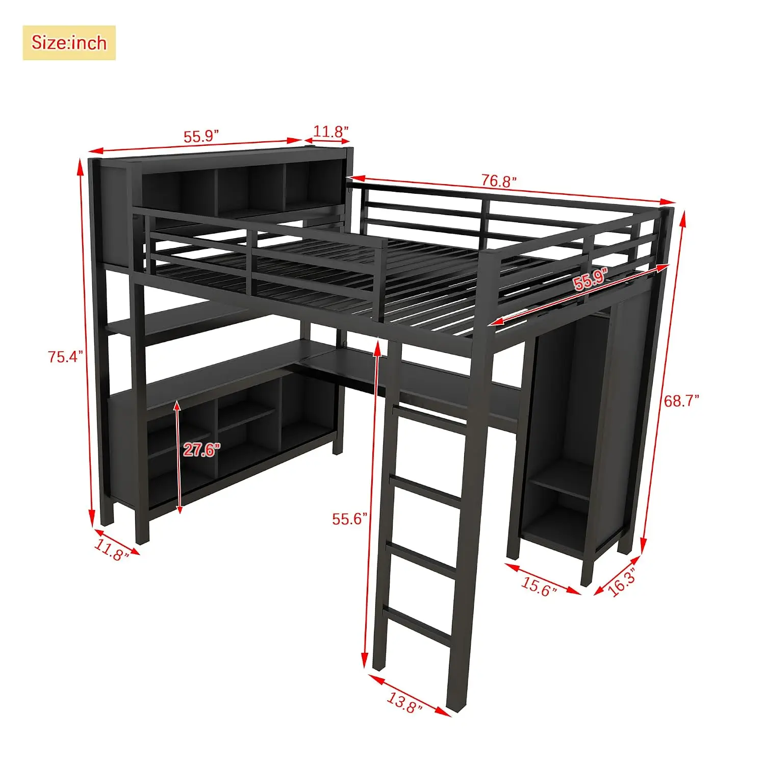 Heavy Duty Full Size Loft Bed Frame with Storage Shelves & Wardrobe, Customized