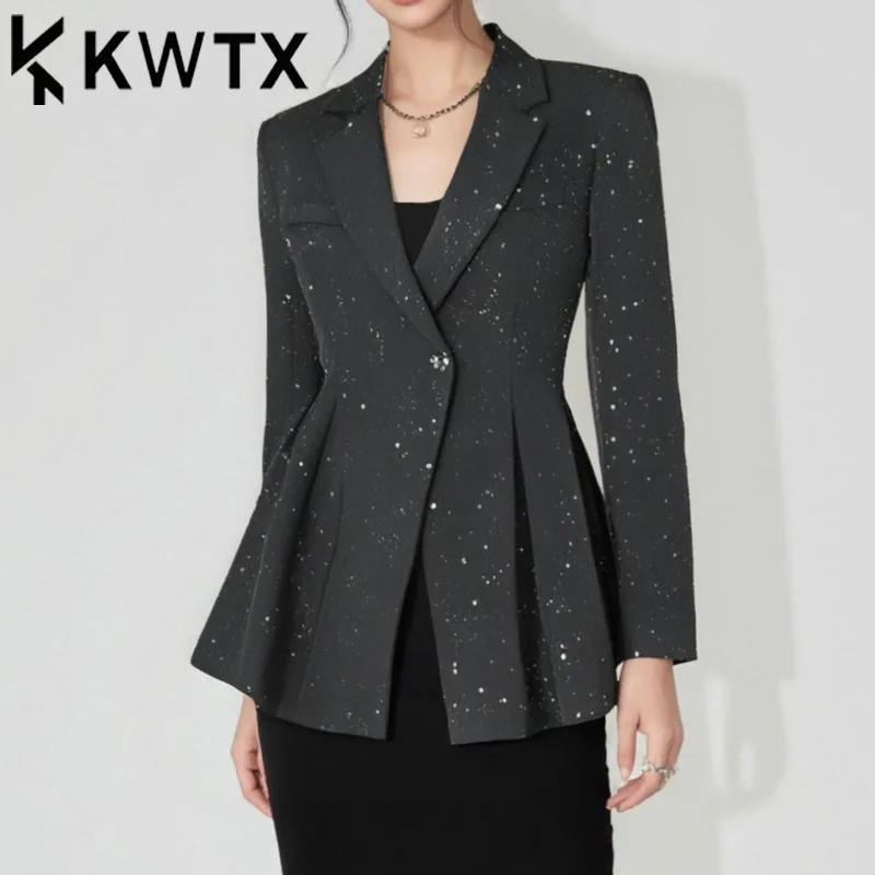 

KWTX Women’s Designer Retro Casual Blazer Solid Color Pleated Hem Single Button Lapel Elegant Luxury Spring Summer Shimmer 2025