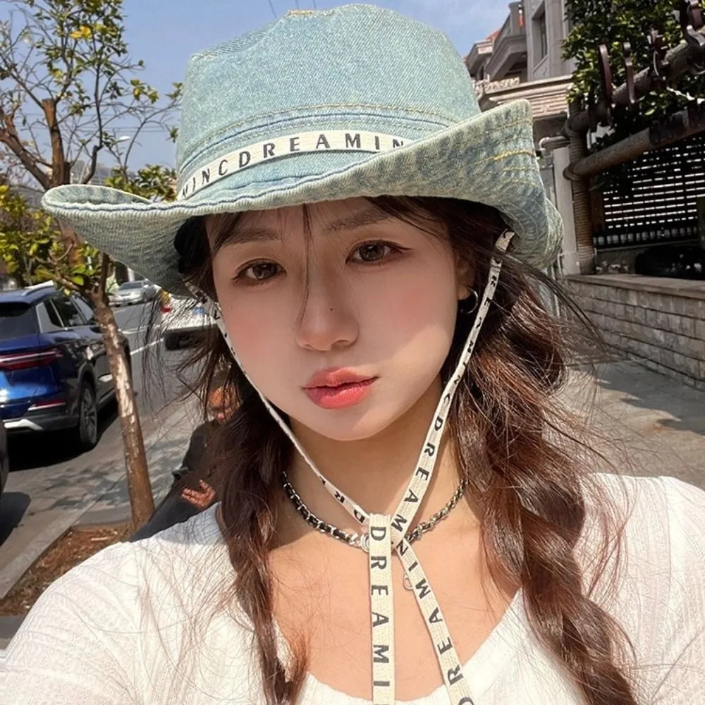 Retro Big Brimmed Denim Bucket Hat Letter Wide Wings Jeans Fisherman Hat With Tie Belt Sunscreen Sunscreen Hat Climbing