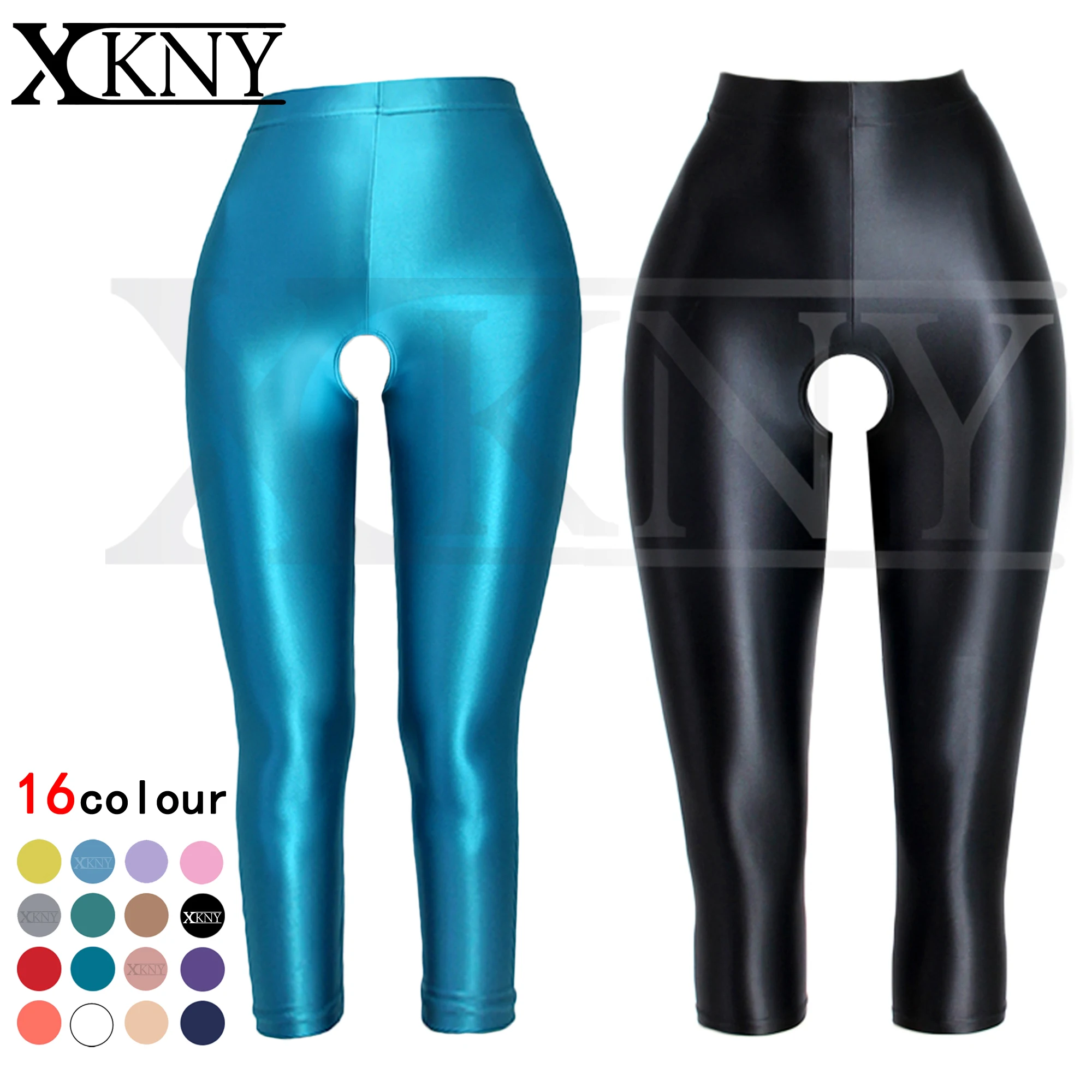 

XCKNY Open crotch pants satin silky pants sexy tight high waist gloss pantyhose high elastic 7-length pants Yoga swimming pants