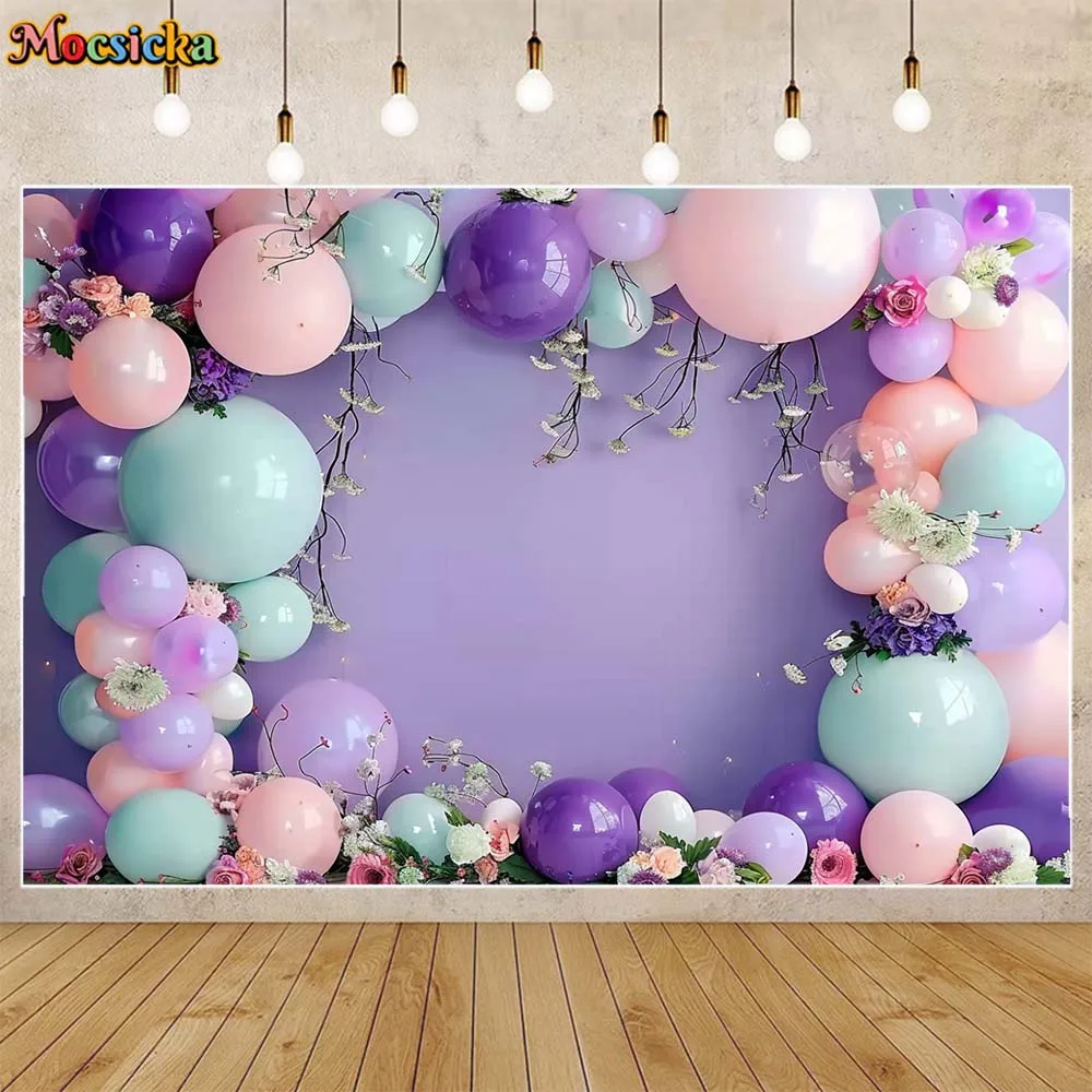 

Mocsicka Purple Wall Backdrop for Photography Pink Purple Blue Arch Balloon Flower Newborn Shooting Props Women Photo Background