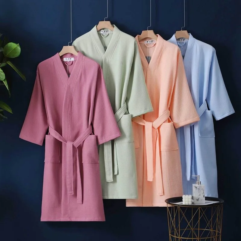 

100% cotton waffle thin robes women and men summer spring kimono lovers Hotel bathrobes SPA robes Plus size 7845