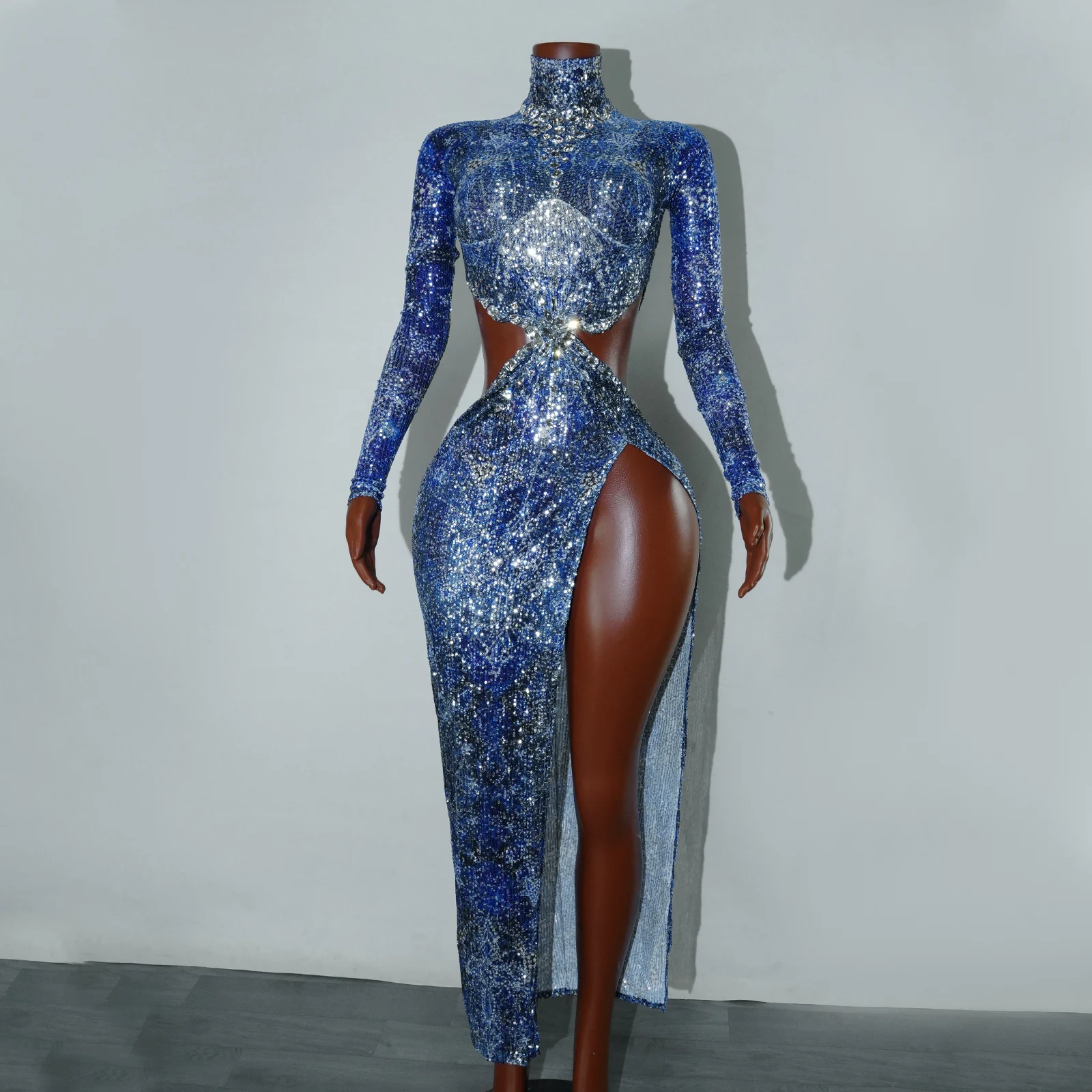

Sexy Lady With A Cutout Waist Design, Diamond Sequin Blue Long Dress Birthday Party Singer Performance Stage Drag Queen Outfit