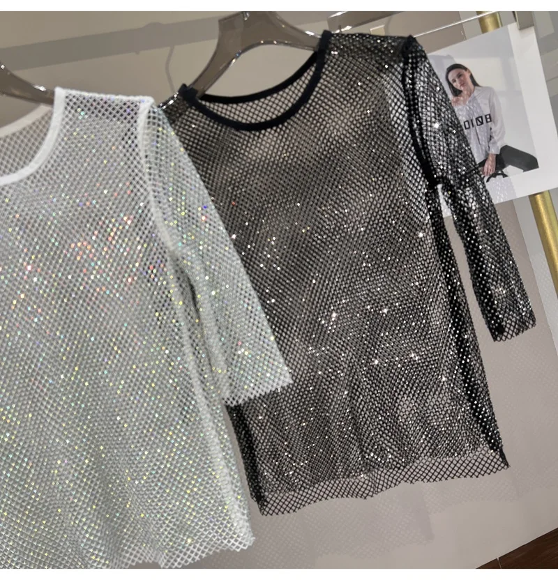 Heavy-duty Hot-drilled Fishnet Hollow See-through Design Round-neck Slim-fitting Short Women’s Fashionable and Versatile Top