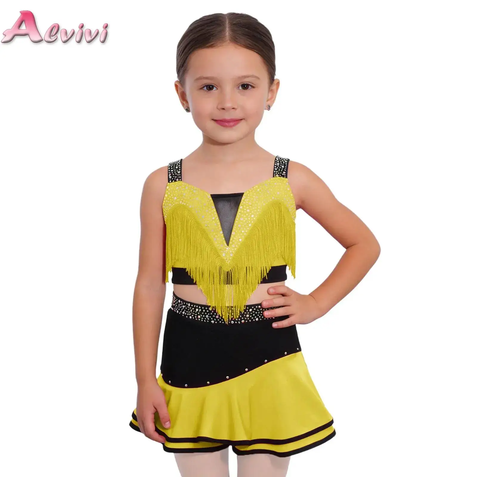 

Kids Girls Color Block Latin Dance Outfit Tassels Crop Top with Rhinestones Skirt for Tango Rumba Ballroom Dance Performance Set