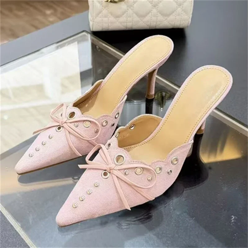 

Элегантные розовые дизайнерские туфли-мюли Aneikeh с вырезами и заостренным носком, модные женские туфли на тонком низком каблуке, Zapatos De Mujer