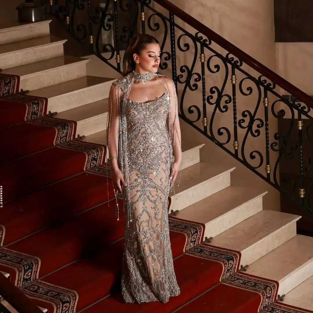 Nude with Silver Beads Women Evening Dresses Sparkly Crystals Mermaid Prom Gowns with Cape Customized Special Occasion Dresses