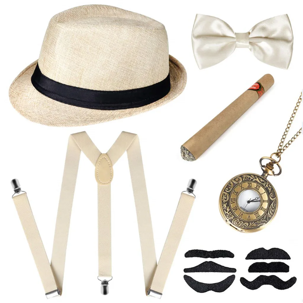 Gatsby Figurino Conjunto Masculino, Boina Gangster Manhattan anos 30, Suspender Y-Back, Relógio de Bolso, Barba Anos 1920