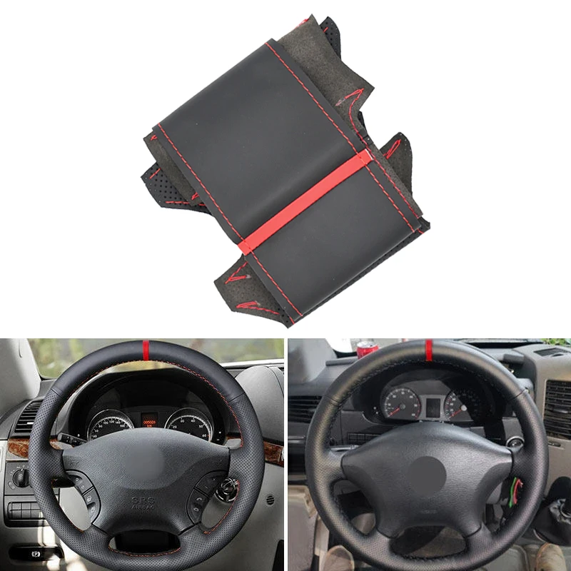 

Car Steering Wheel Cover Leather Trim For Mercedes Benz Vito 2010 2011 2012 2013 3014 2015 Viano W639 06-11 Black with red strip