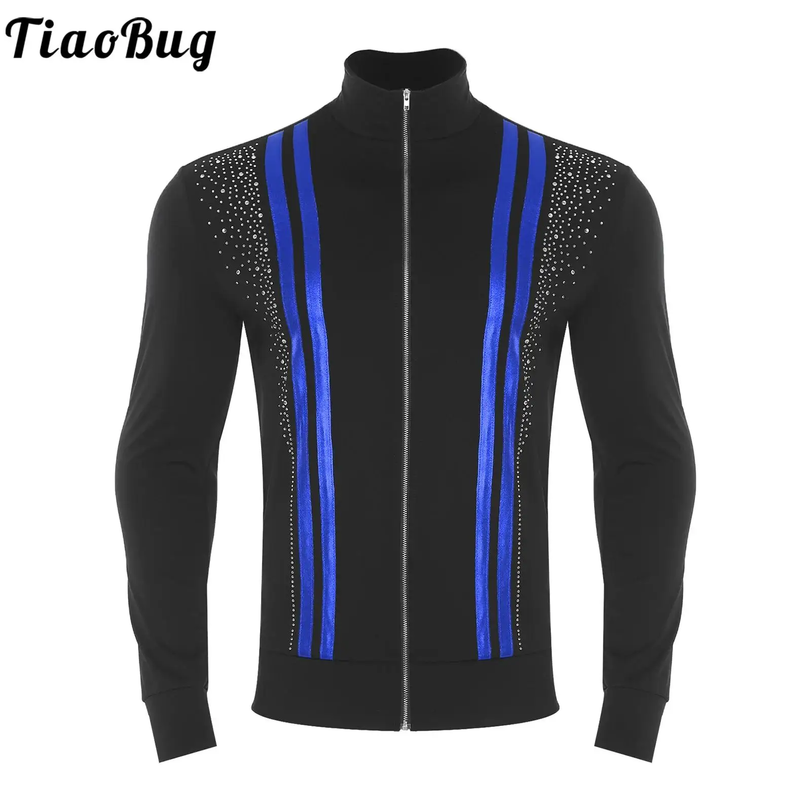 

Men Figure Skating Dance Top Jackets Mock Neck Long Sleeve Front Zip Metallic Stripe Shirt Coat for Gymnastics Latin Tango Dance