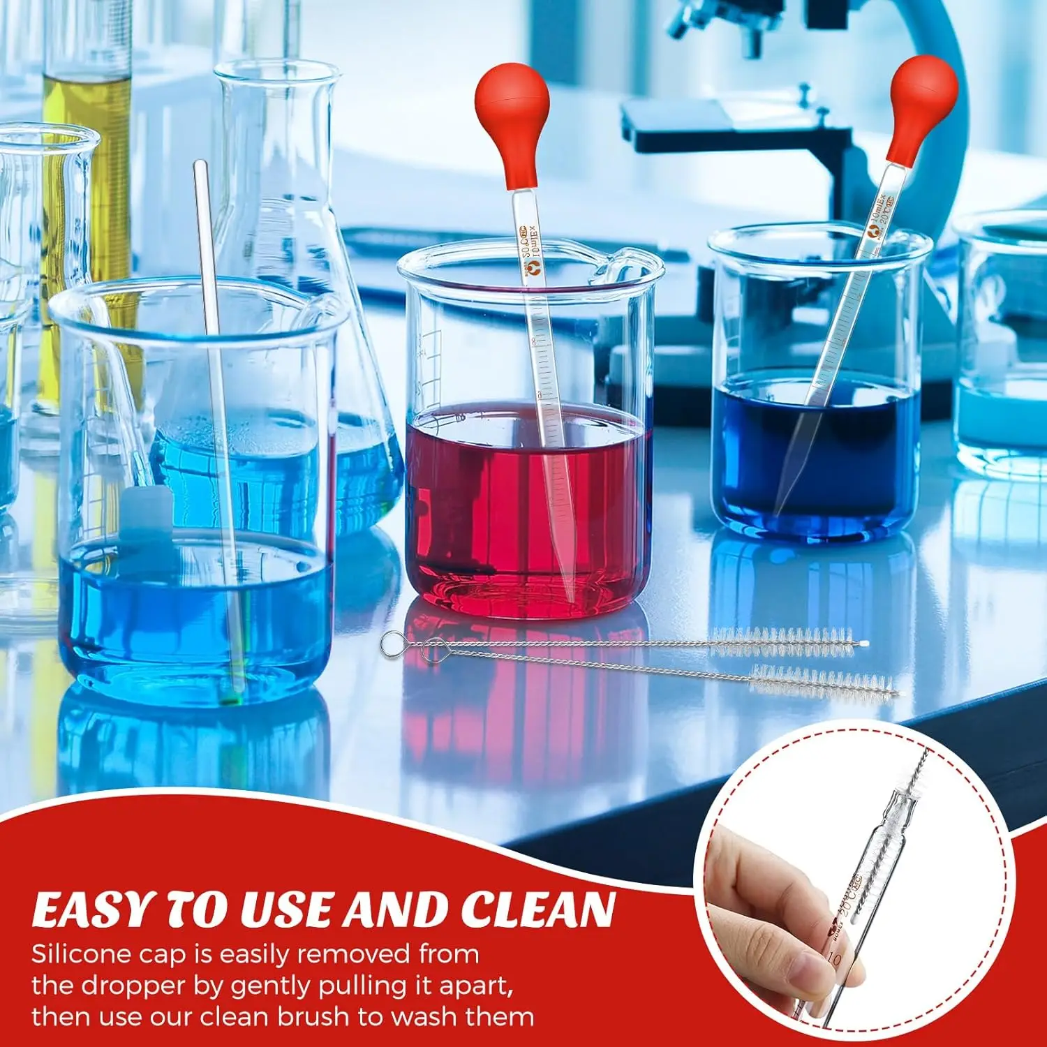 Glass Dropper, Graduated Laboratory Dropper, with Large Rubber Cap, Stirring Rod, Cleaning Brush, Suitable for Liquid Essential Oils (6-Piece Set, Red, 10 ml) view 4
