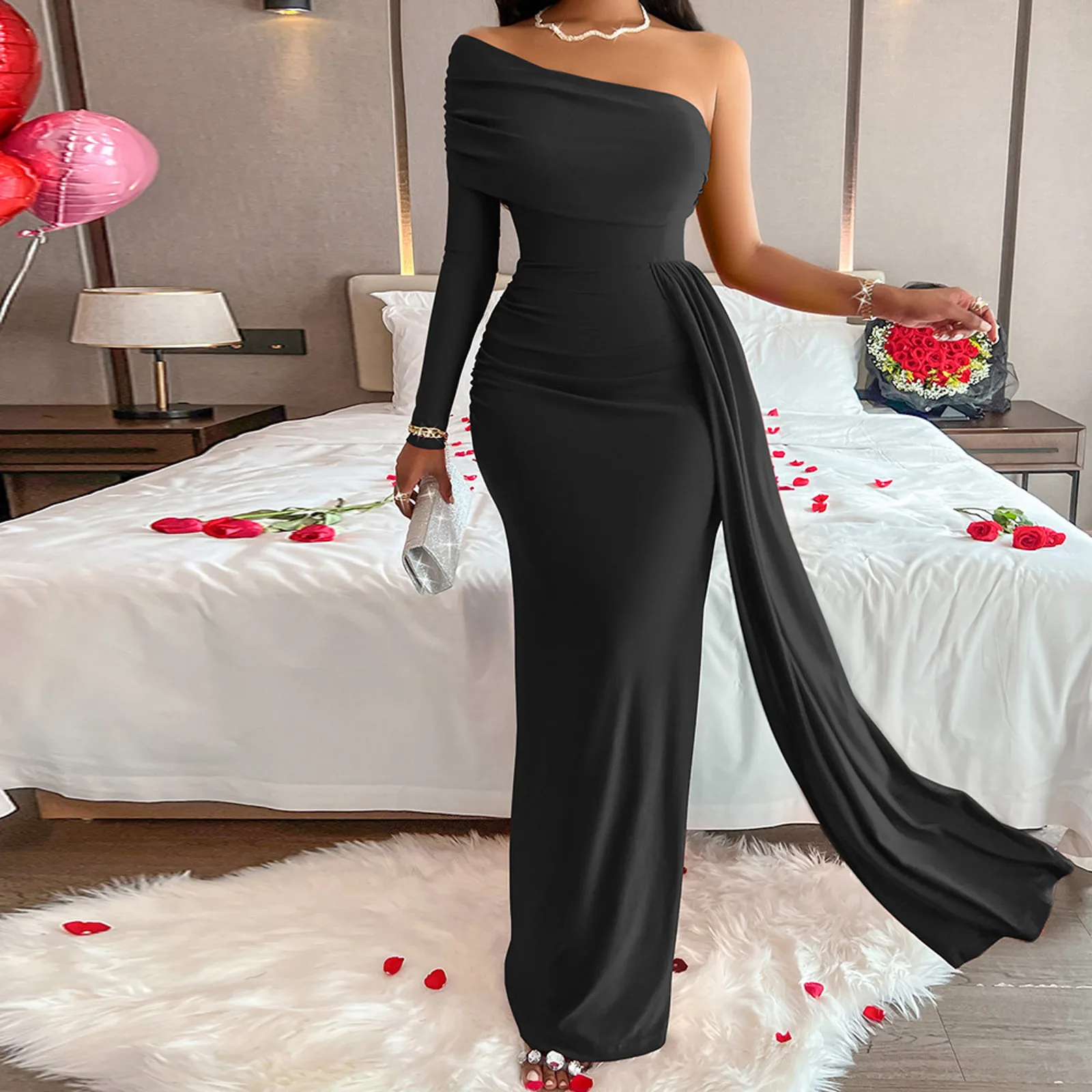فستان سهرة رسمي بكتف واحد للنساء بشريط أنيق لحفلات الزفاف فستان ماكسي للضيوف ملابس نسائية بلاكلي نسائي 2025