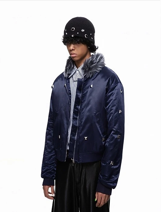 Winter American High Street Short Black Fur Collar Cotton Jacket Men's Punk Style Rivet Thickened White Navy Blue Coat