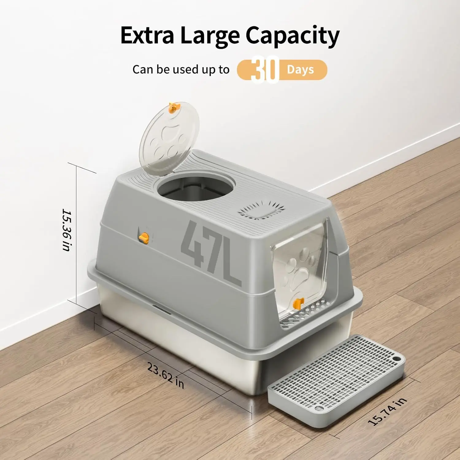 

Stainless Steel Cat Litter Box with Lid, XL Large Enclosed High Sided Litter Box with Removable Lid, Carbon Filters -Odor Free