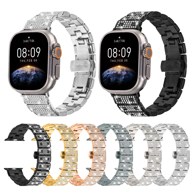 

Ремешок из нержавеющей стали с бриллиантами для Apple Watch 49 мм 38/40 мм 41 мм 42/44/45/46 мм, металлический браслет Iwatch Series Band 10 9 8 7 Ultra 2