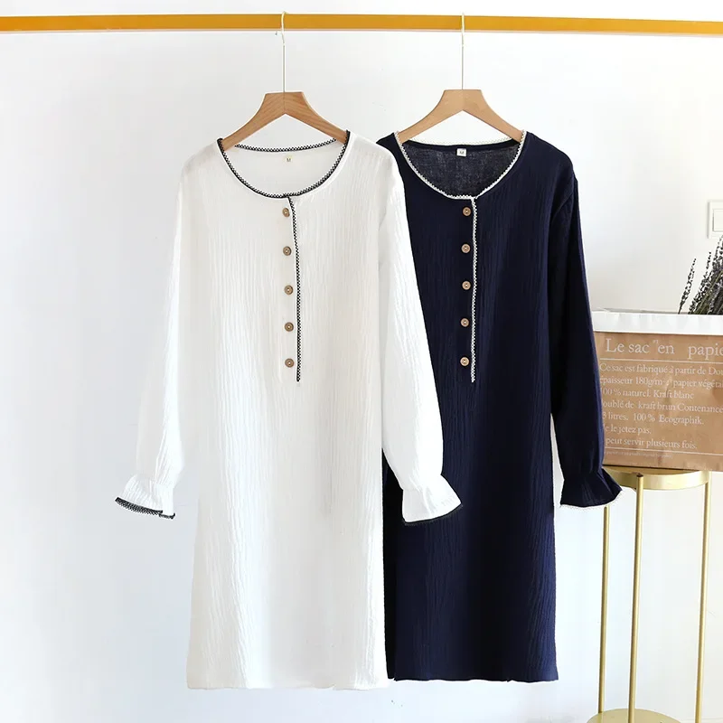 Ladies Pure Cotton Night Dress Women Sleepwear Spring Summer Thin Long-sleeved Double-layer Gauze White Blue Casual Home Wear image 2