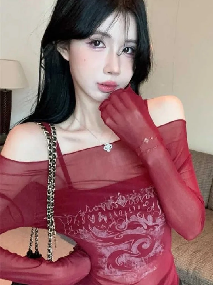 

Сексуальный американский красный кружевной шифоновый топ с защитой от солнца, женский зимний новый тонкий пленочный топ с одним словом