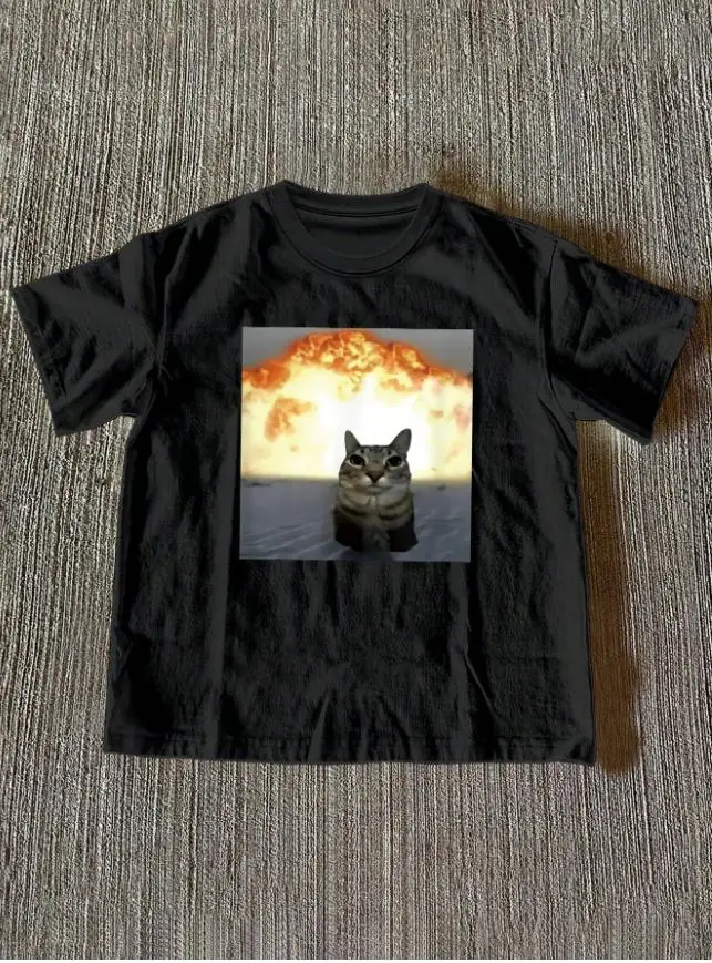 Funny Cat Explosion Meme T Shirt Men Summer Casual Graphic Tee Harajuku Short Sleeve Tops Streetwear Loose Fit T-shirt
