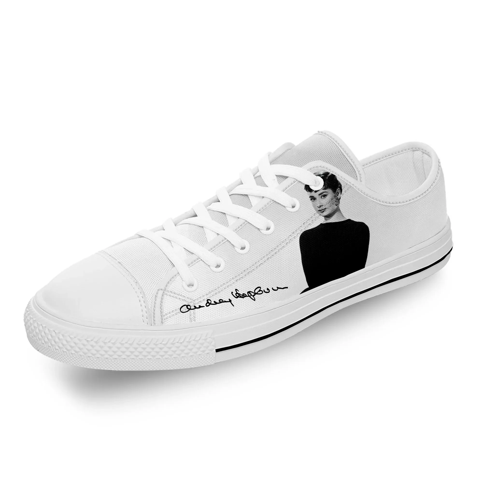 Movie Star Audrey Hepburn Cute White Cloth 3D Print Low Top Canvas Fashion Shoes Men Women Lightweight Breathable Sneakers