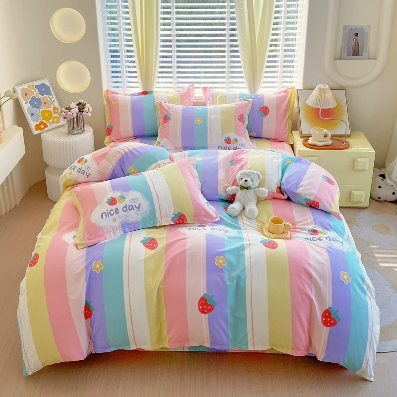 Rainbow Stripe Duvet Cover Girls Cartoon Fruit Strawberry Bedding Set Cotton Reversible Kawaii Comforter Cover with 2 Pillowcase