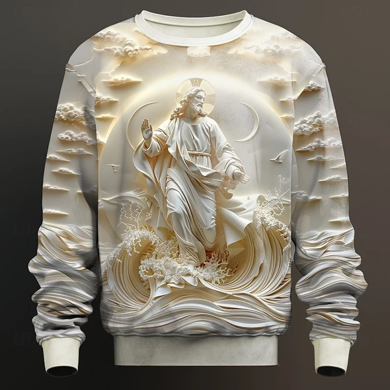 2026 3D printed Christ Cross Jesus God pattern long sleeved autumn casual loose round neck
