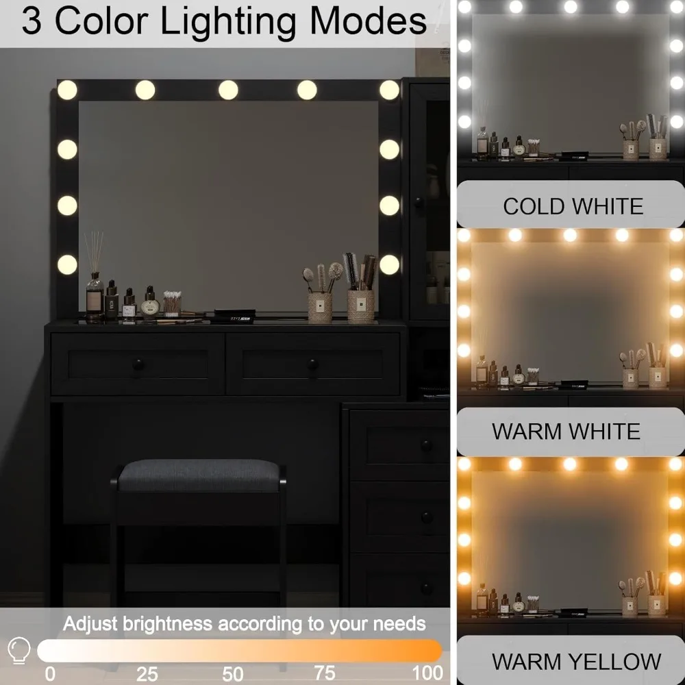 مكتب زينة بعرض 43 بوصة مع مرآة و11 مصباحًا، مكتب مكياج حديث مع سطح زجاجي ومقعد مبطن، 3 أوضاع إضاءة #4