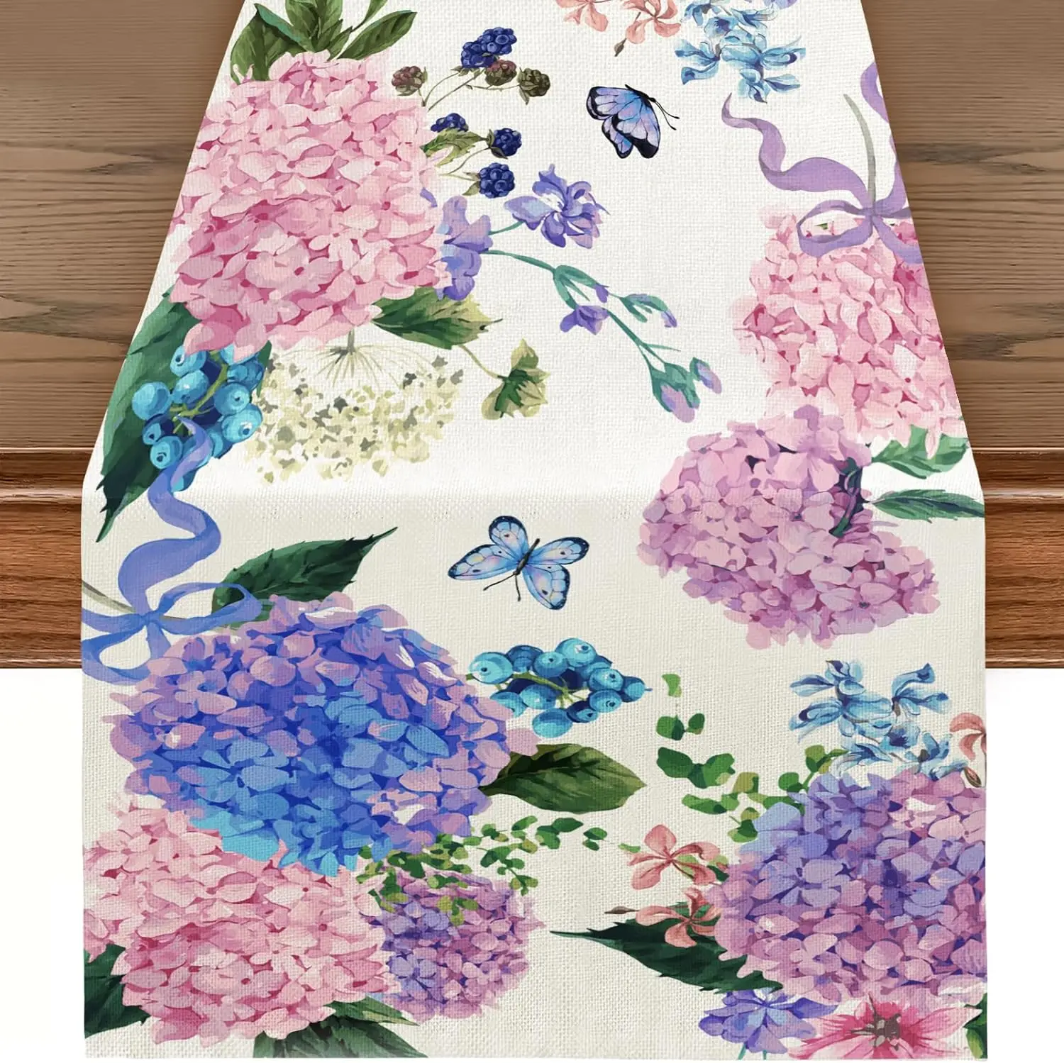 Colorful Hydrangeas Linen Table Runners Summer Flower Dresser Scarf Table Decor Holiday Wedding Party Kitchen Dining Table Decor