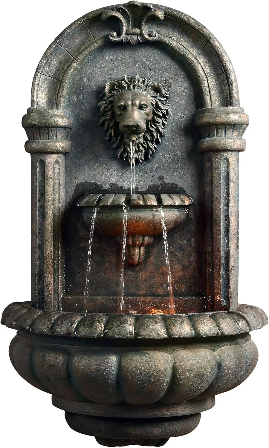 

Teamson Home 32.1 in. Wall-Mounted Lion Head Stone LED Outdoor Water Fountain for Gardens, Landscaping, Patios, Balconies, Law