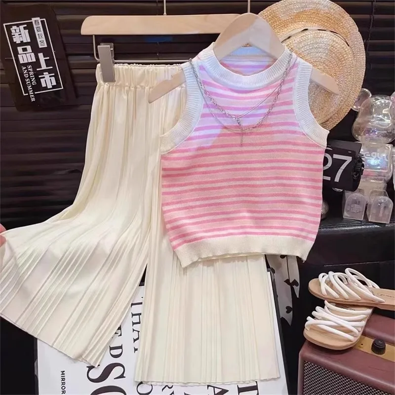 Summer Style Girls Striped Knit Camisole & Cool Feeling Pants 2PCS Set, Cute Preppy Outfit for Little Kids