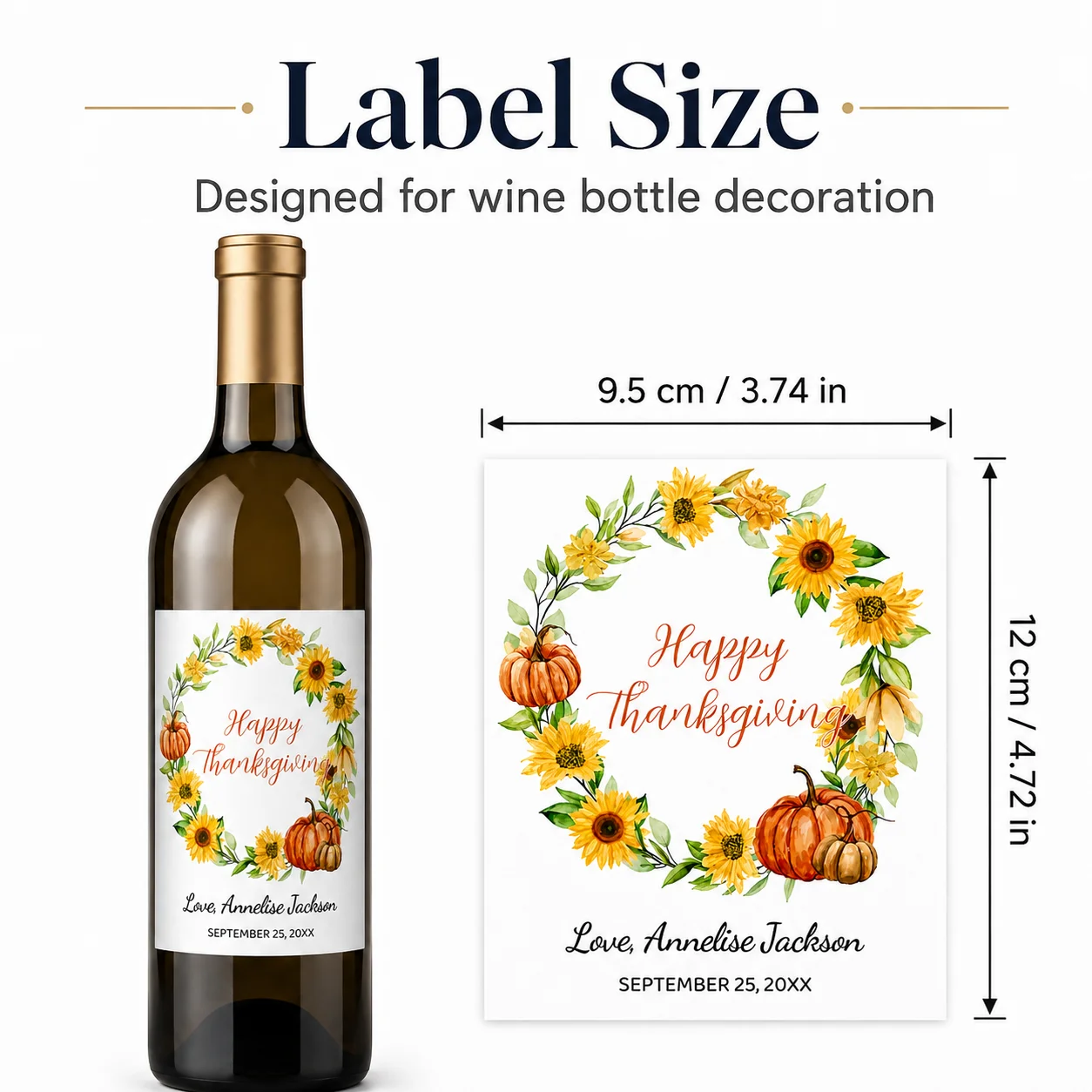 Customized wine bottle labels - Personalized thank-you wine bottle stickers, gift tags, wedding and birthday decorations, Thanksgiving celebration tags, fun autumn party labels with hand-drawn pumpkin, berry, and floral designs featuring "Happy Thanksgiving" - view 2