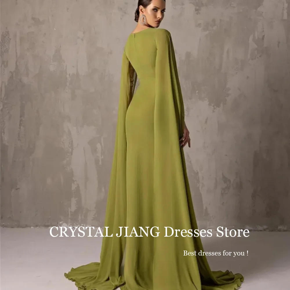 Classy Long Green V Neck Spandex Evening Dresses Full Sleeves with Cape A Line Sweep Train فساتين سهرات