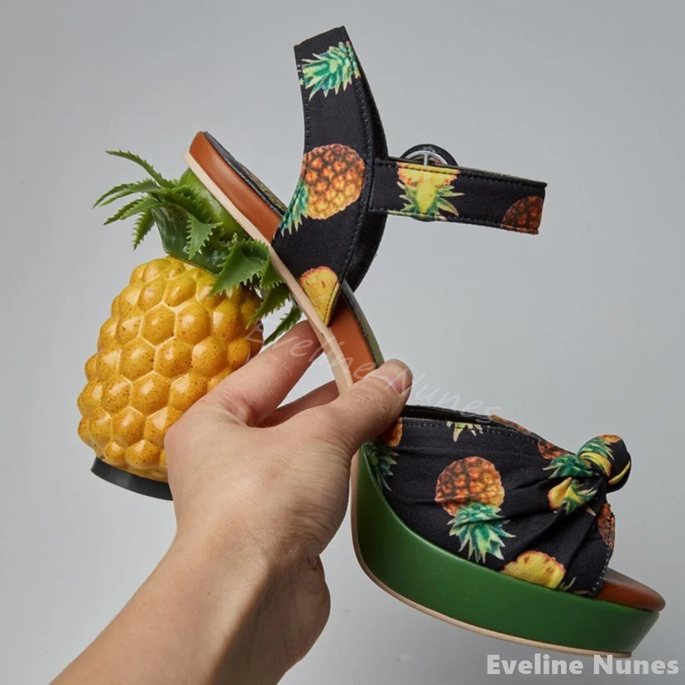 

Pineapple Heel Platform Sandals Women Round Toe Ankle Buckle Pineapple Print Lovely Sandals 2024 Fashion Mixed Colors Sandals